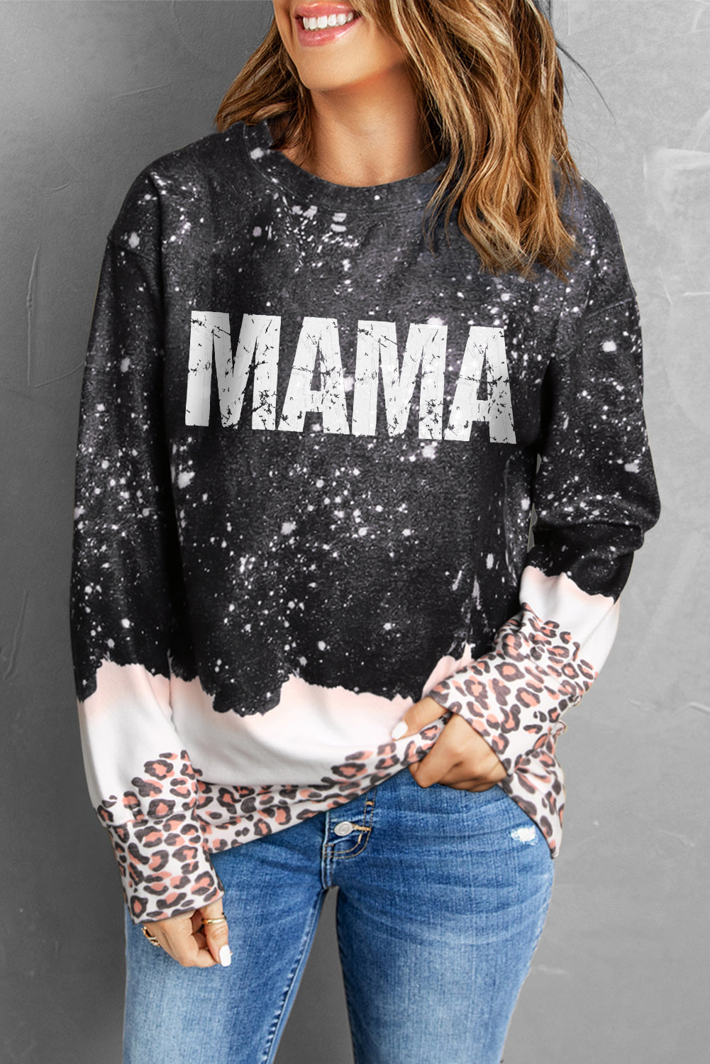 The MAMA Leopard Color Block Round Neck Sweatshirt