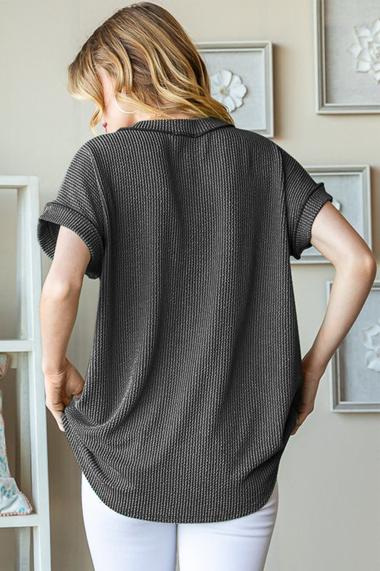 The Full Size Front Pocket Short Sleeve Ribbed Top