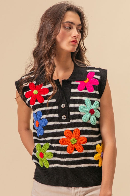 The Flower Patch Striped Half Button Sweater Vest