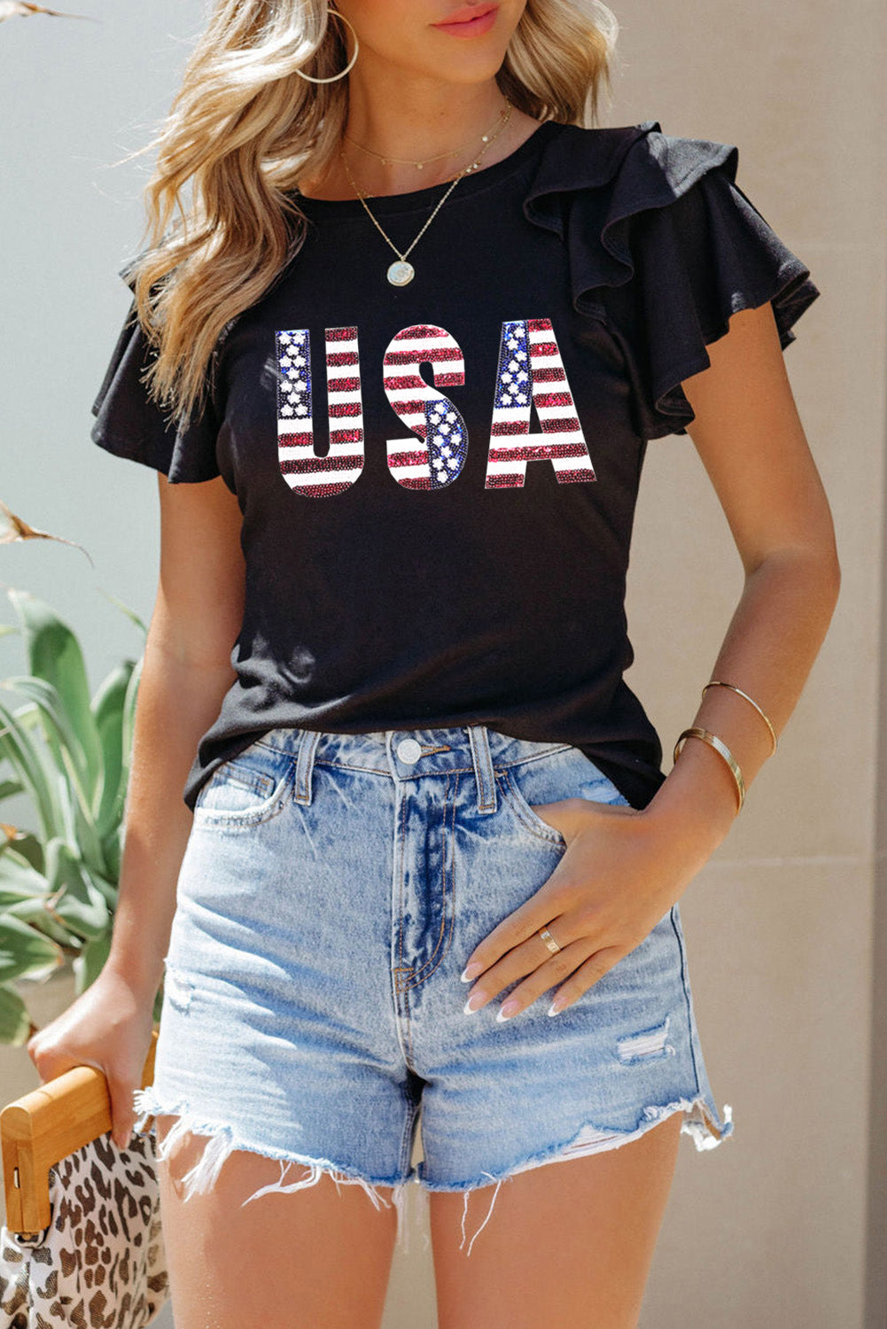 The USA Round Neck Flounce Sleeve Top