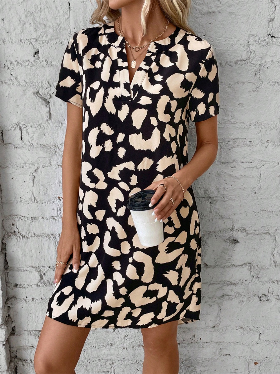 The Leopard Notched Short Sleeve Mini Dress