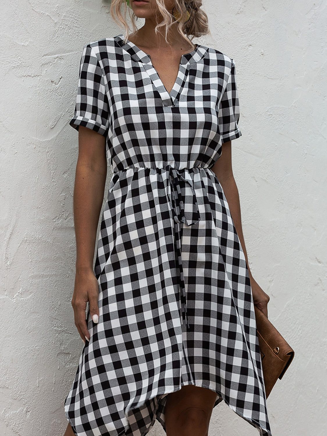 The Plaid Notched Short Sleeve Dress