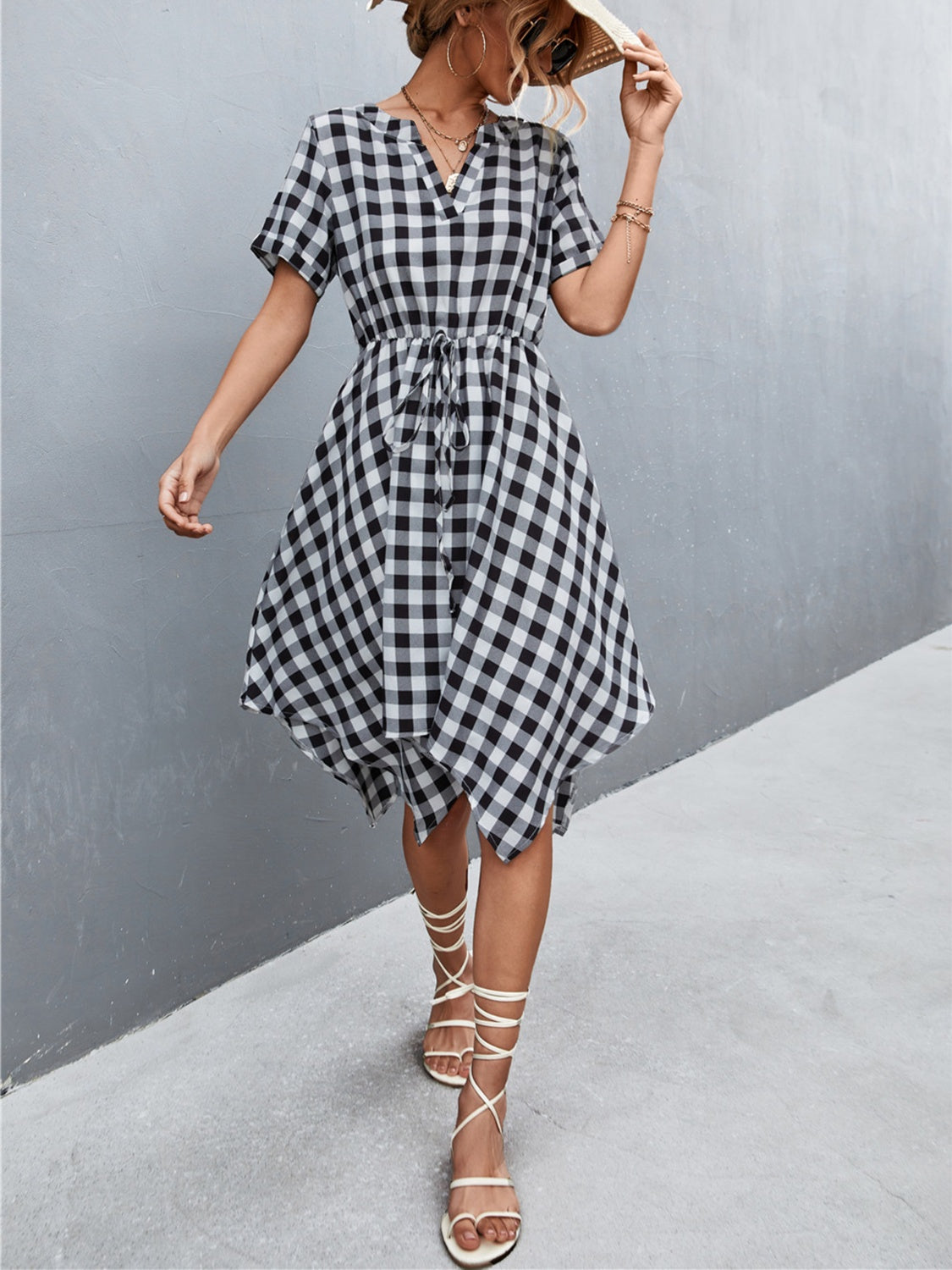 The Plaid Notched Short Sleeve Dress