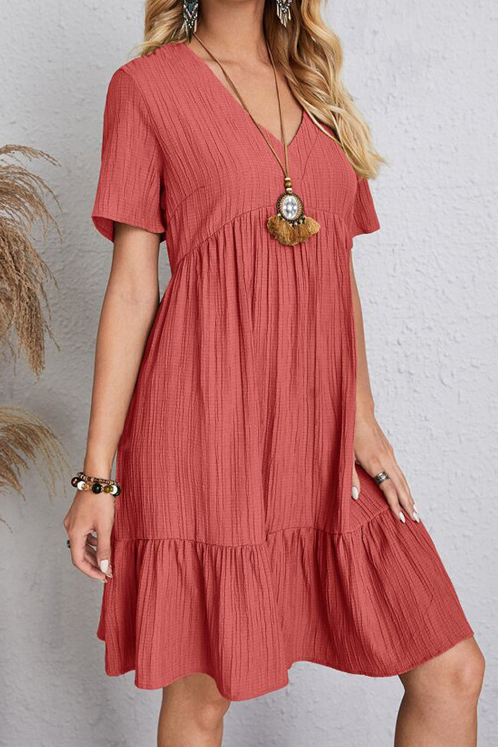 The Ruched V-Neck Short Sleeve Dress