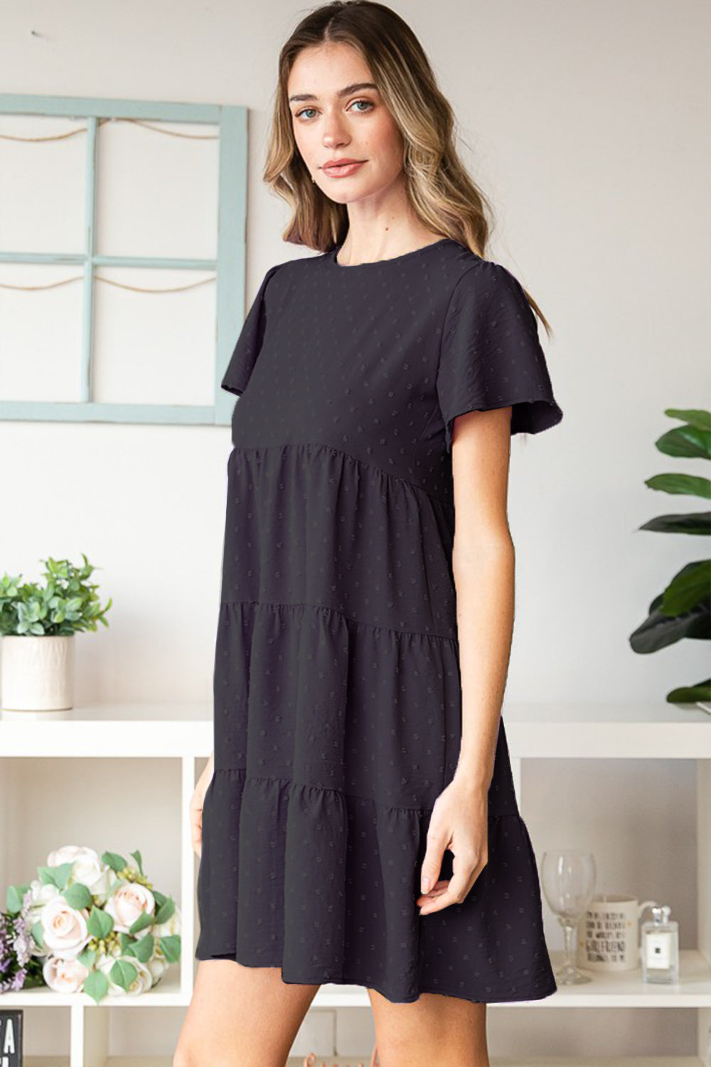 The Black Swiss Dot Short Sleeve Tiered Dress