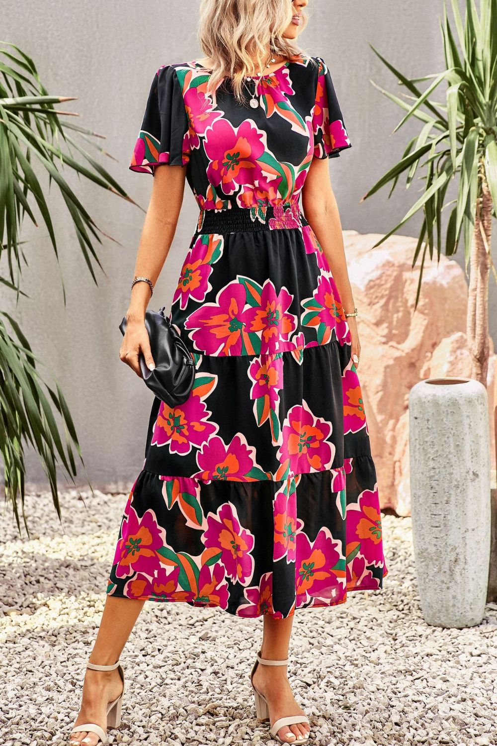 The Bold Floral Puff Sleeve Midi Dress