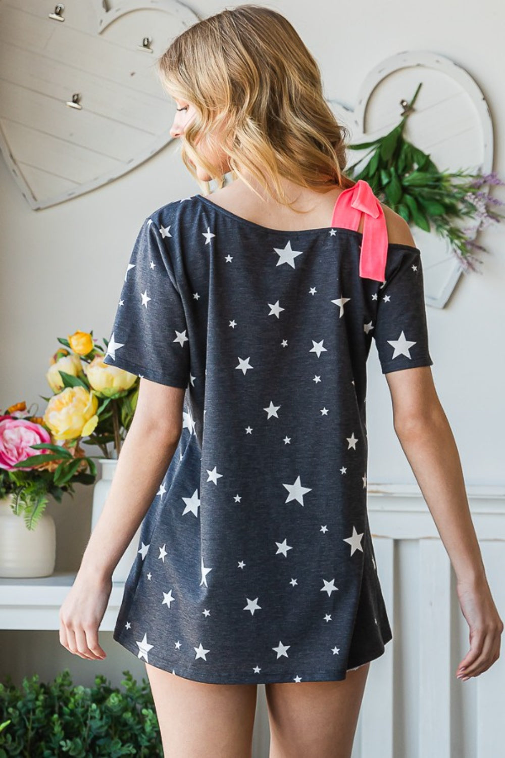 The Star Print Asymmetrical Neck Short Sleeve Top