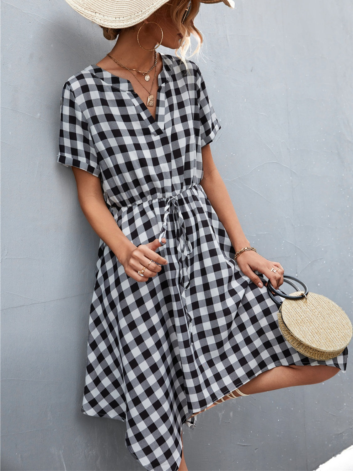 The Plaid Notched Short Sleeve Dress