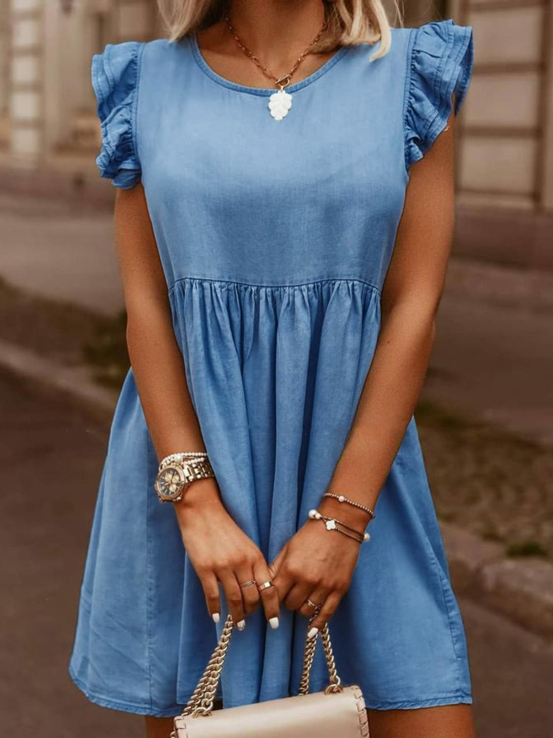 The Ruffled Round Neck Cap Sleeve Denim Dress