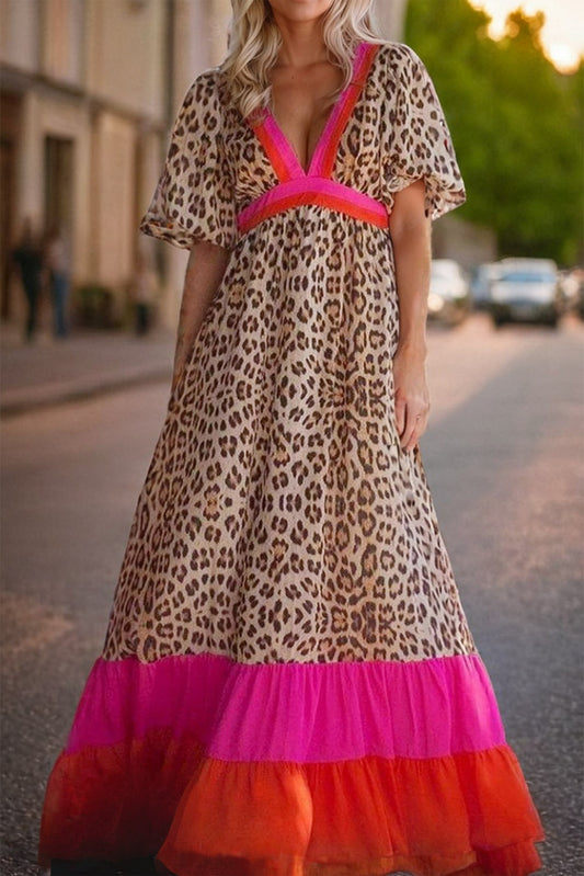 The Leopard V-Neck Half Sleeve Maxi Dress