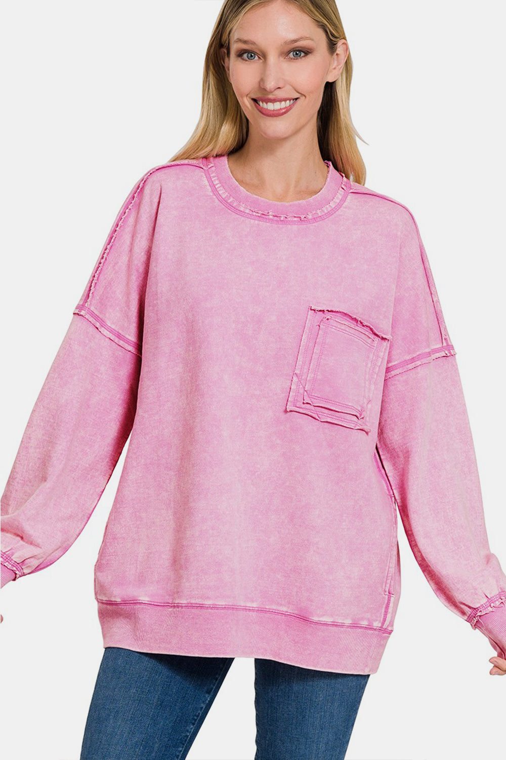 The Mauve Exposed Seam Round Neck Dropped Shoulder Sweatshirt