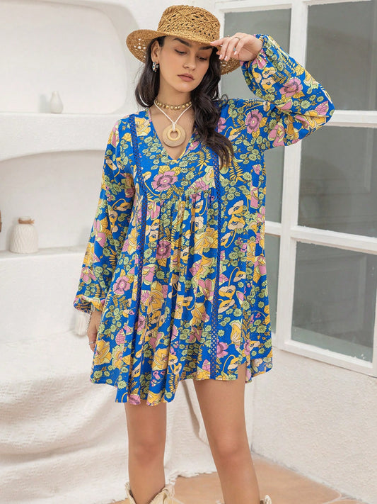 The Royal Blue Printed V-Neck Balloon Sleeve Mini Dress