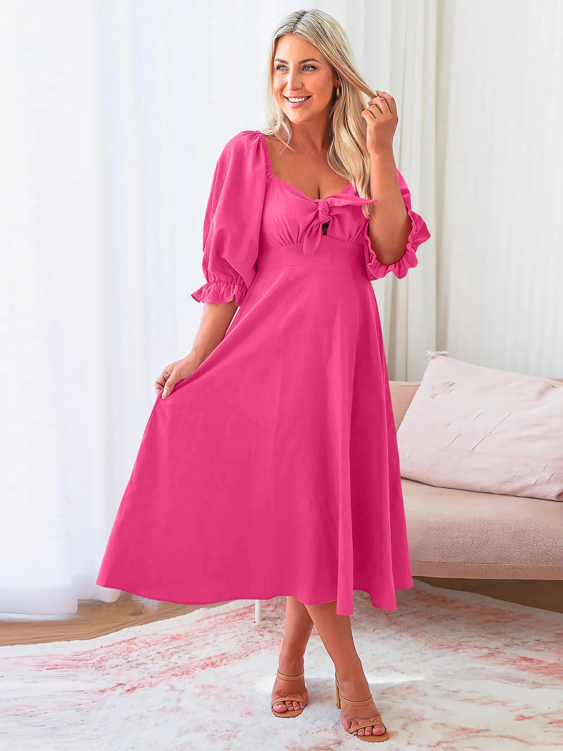 The Sweetheart Neck Flounce Sleeve Midi Dress