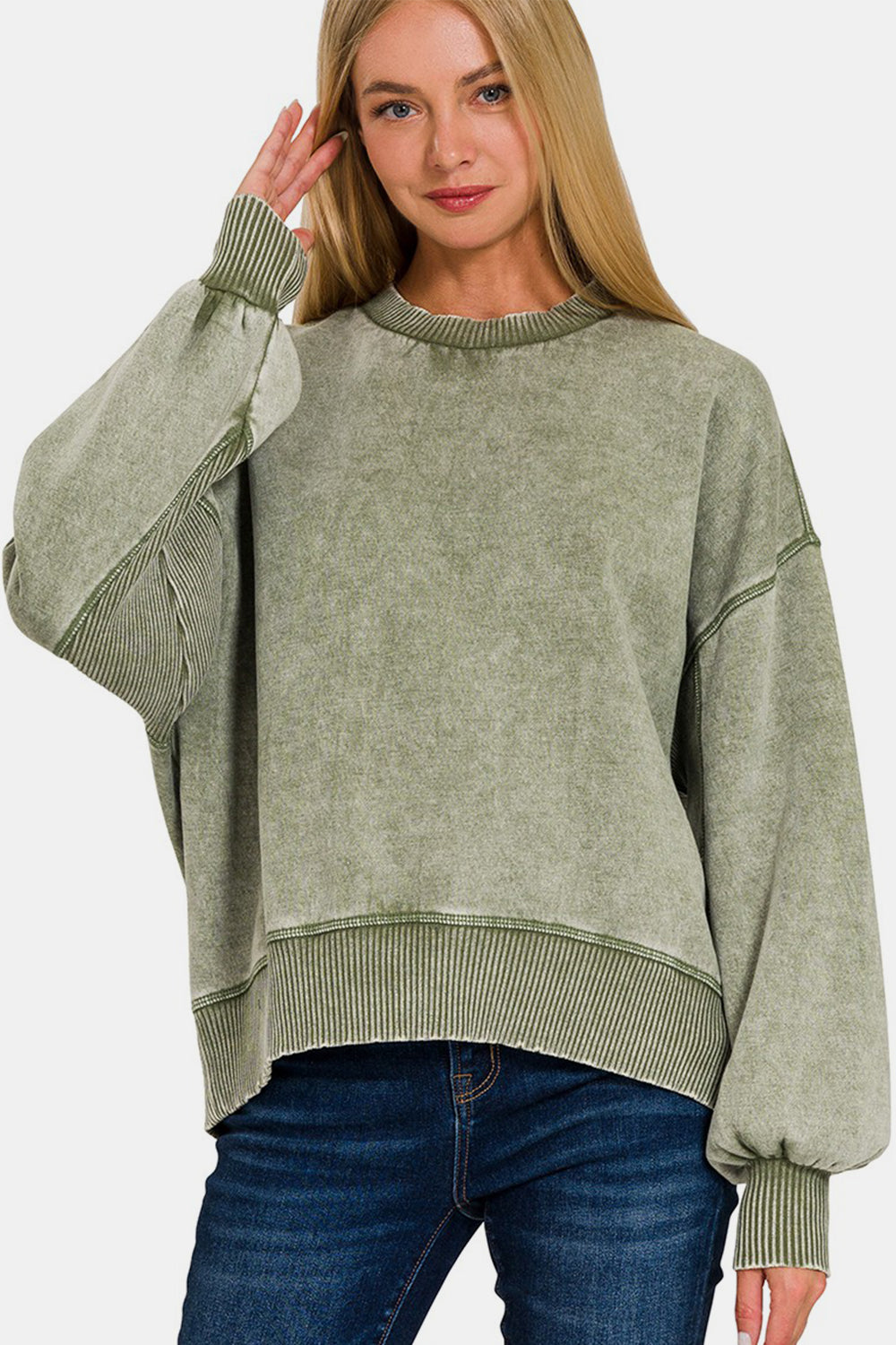 The Olive Dropped Shoulder Lantern Sleeve Sweatshirt