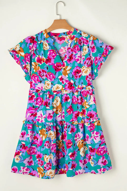 The Ruffled Printed Notched Short Sleeve Mini Dress