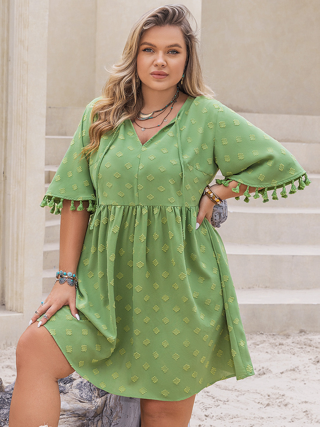 The Perfectly Plus Size Tied Tassel Half Sleeve Mini Dress