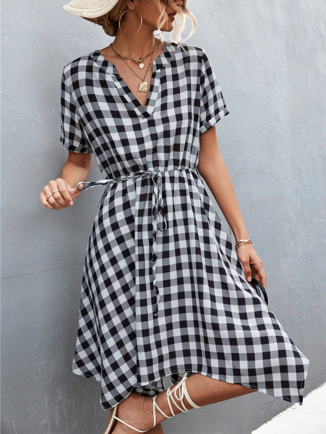 The Plaid Notched Short Sleeve Dress