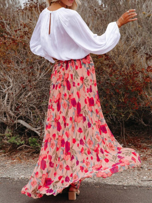 The Pink Printed Elastic Waist Maxi Skirt