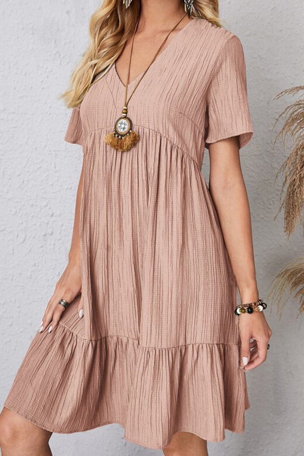 The Ruched V-Neck Short Sleeve Dress