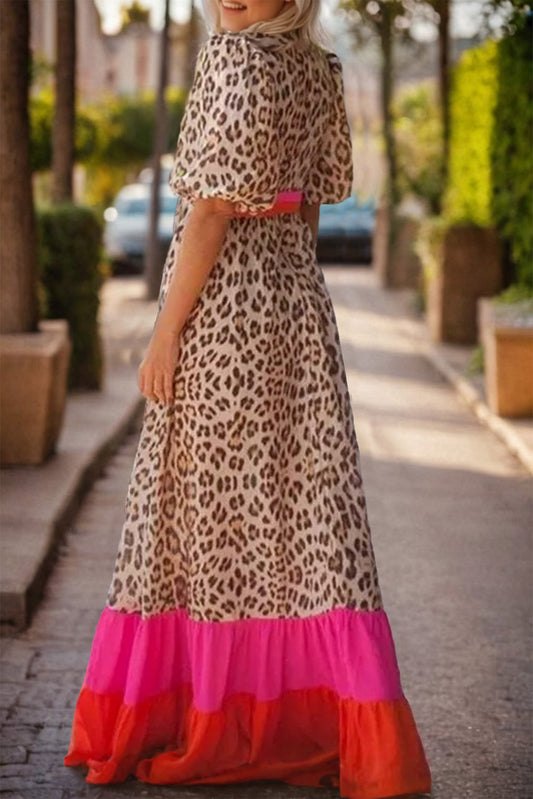 The Leopard V-Neck Half Sleeve Maxi Dress