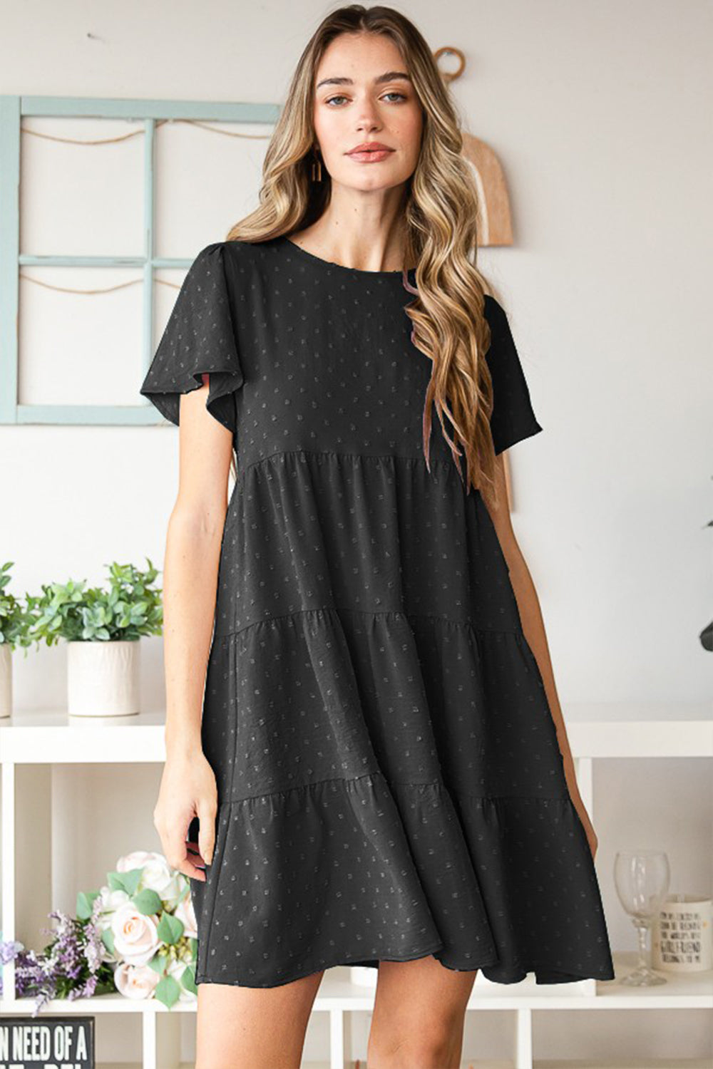 The Black Swiss Dot Short Sleeve Tiered Dress