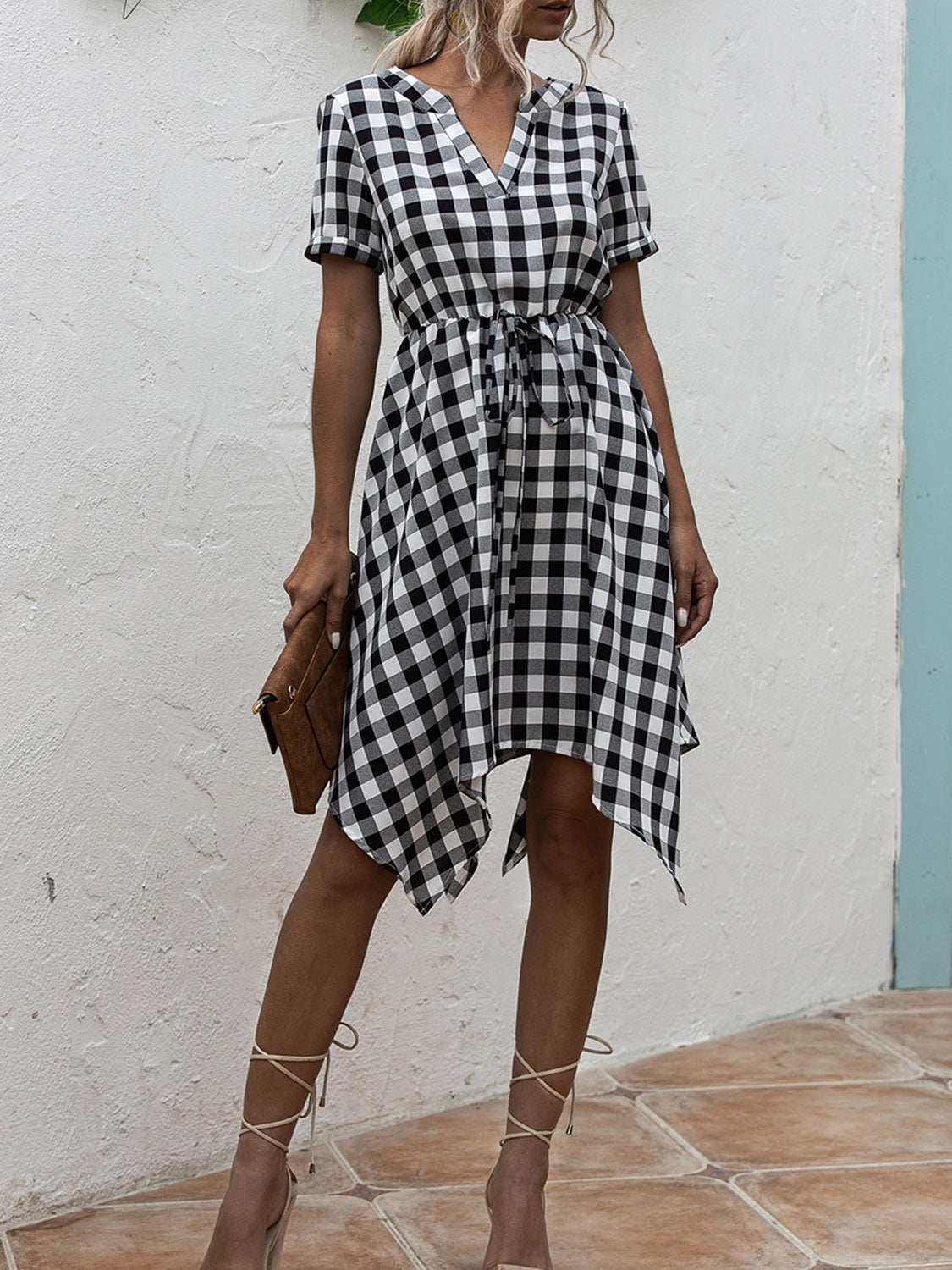 The Plaid Notched Short Sleeve Dress