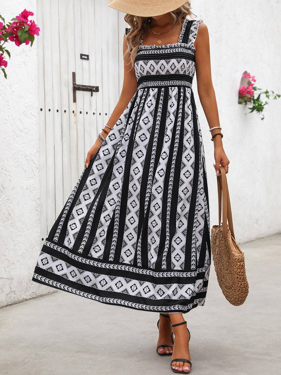 The Printed Square Neck Wide Strap Cami Dress