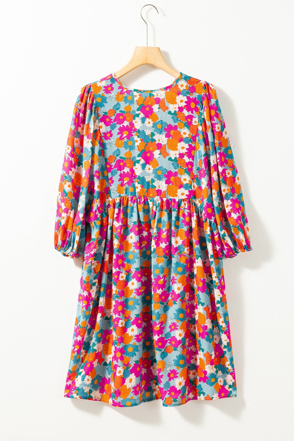 The Floral Tie Neck Puff Sleeve Mini Dress