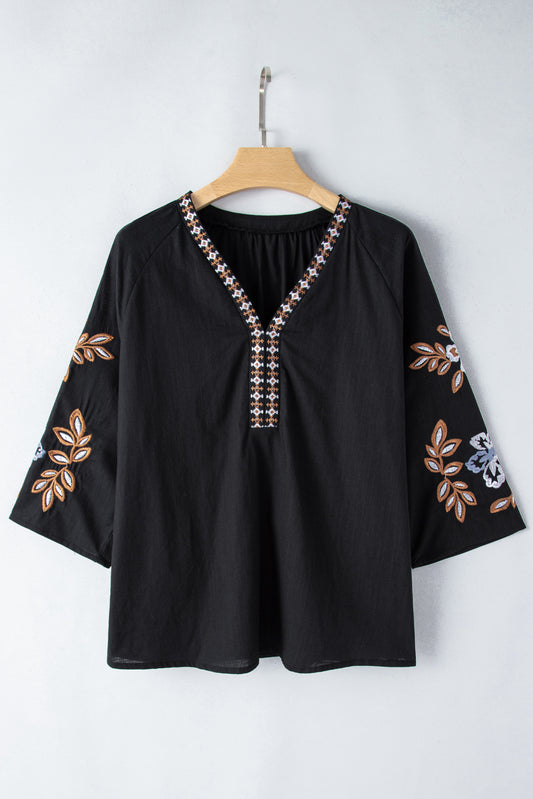 The Black Embroidered Three-Quarter Sleeve Blouse