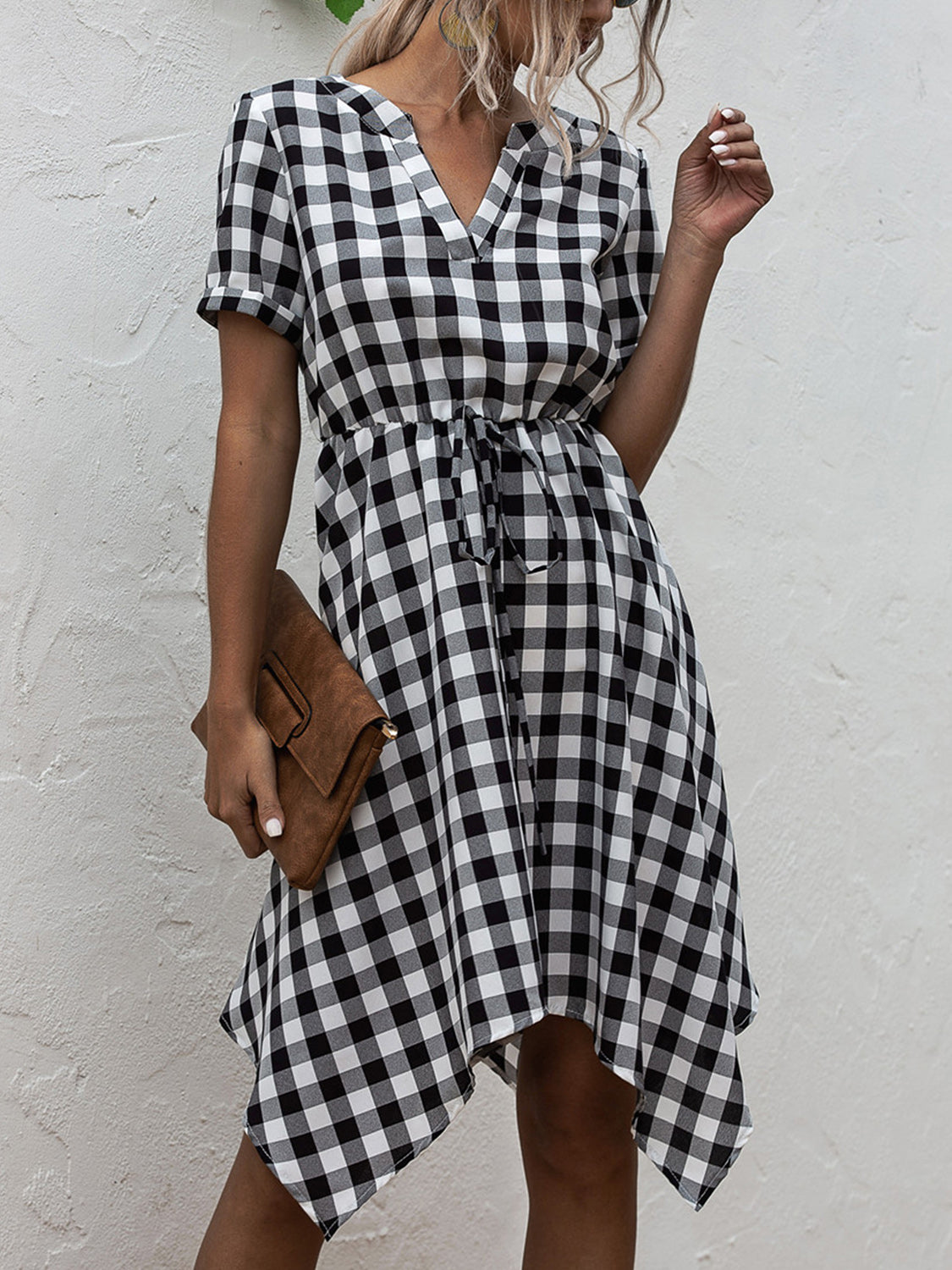 The Plaid Notched Short Sleeve Dress