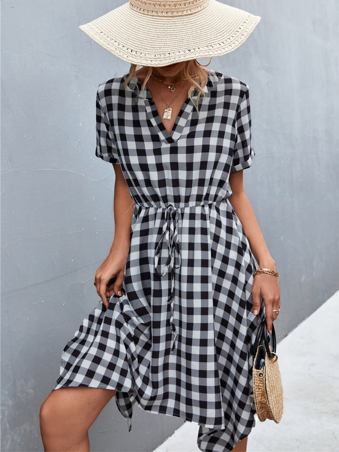 The Plaid Notched Short Sleeve Dress