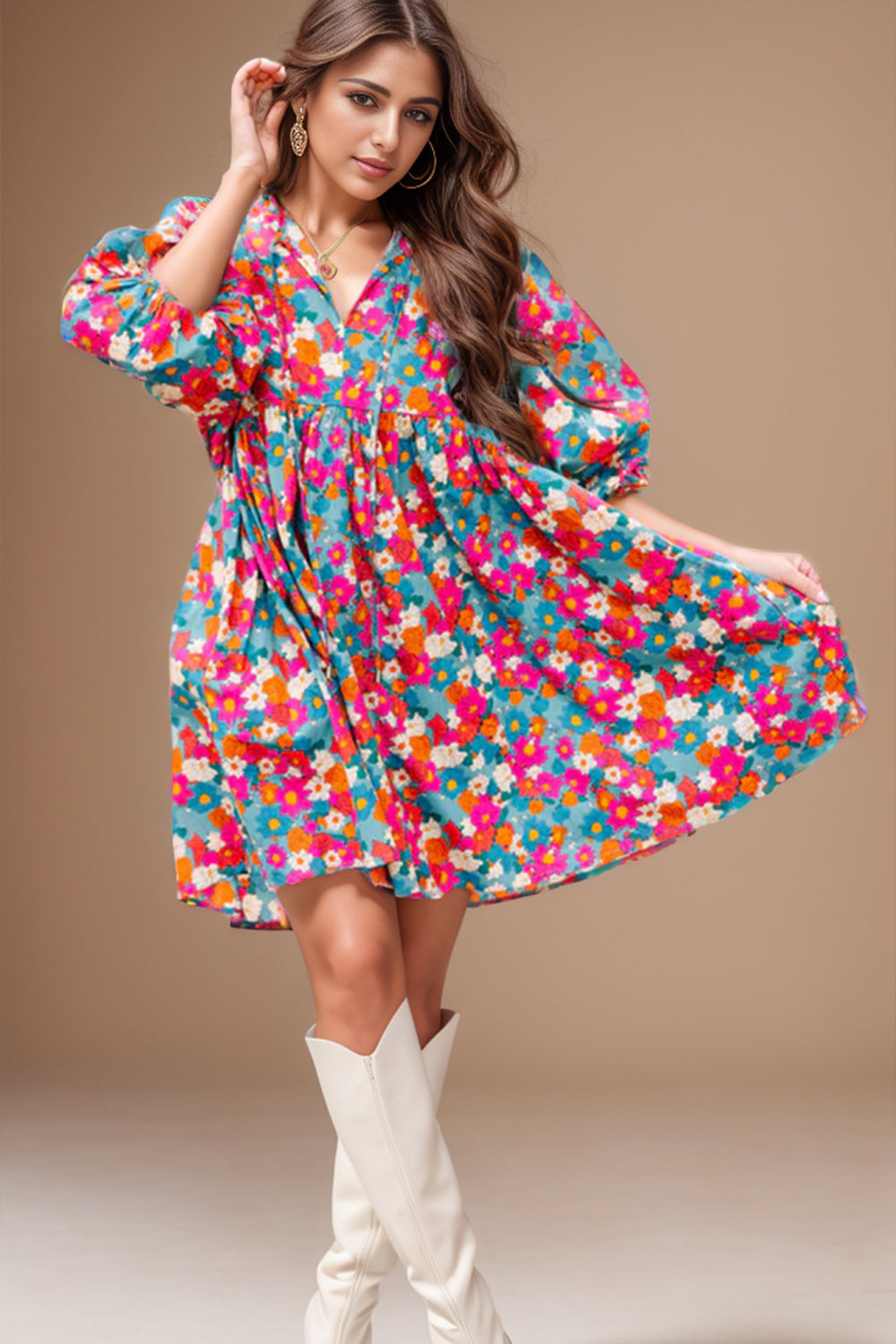 The Floral Tie Neck Puff Sleeve Mini Dress