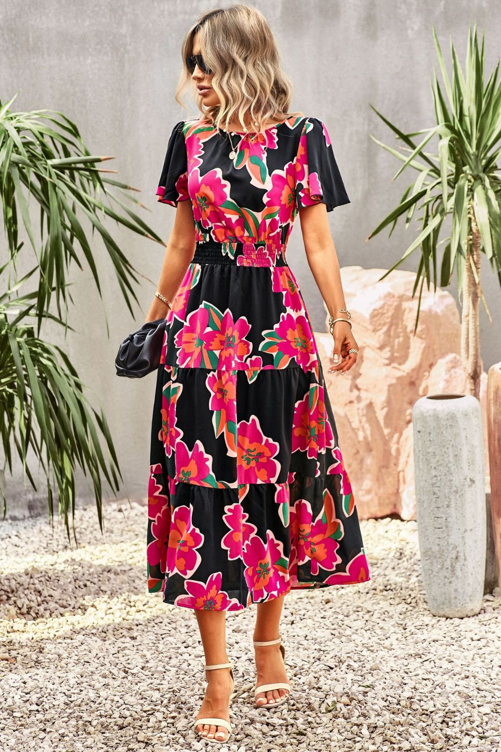 The Bold Floral Puff Sleeve Midi Dress