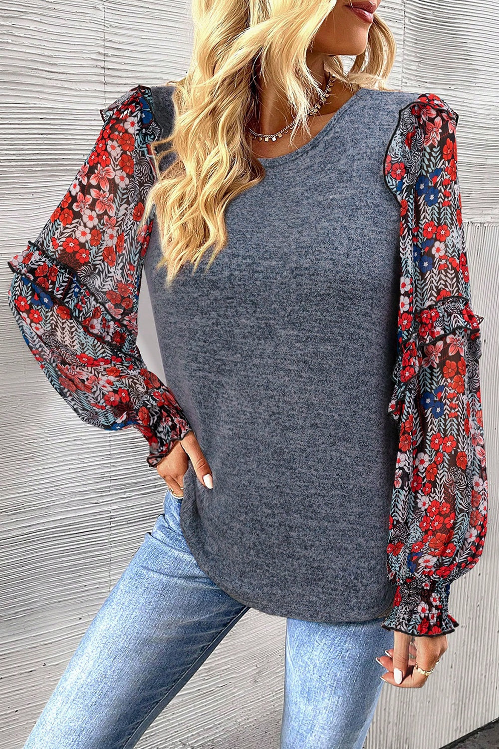 The Heathered Floral Frill Lantern Sleeve Blouse