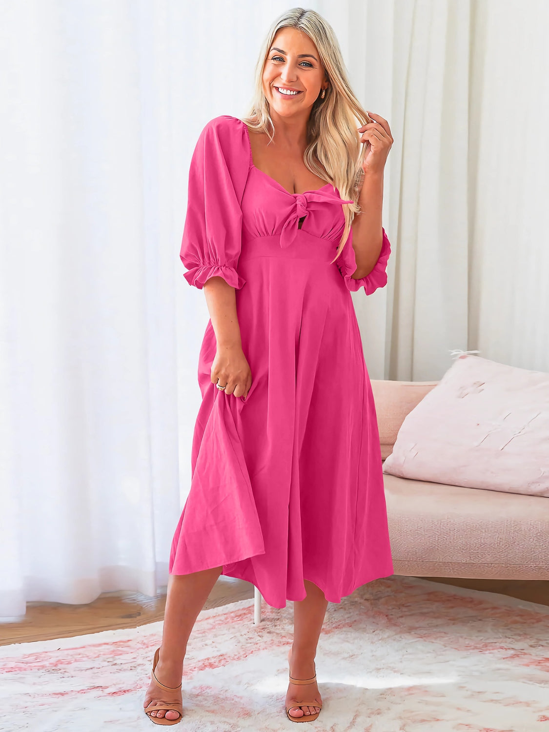 The Sweetheart Neck Flounce Sleeve Midi Dress