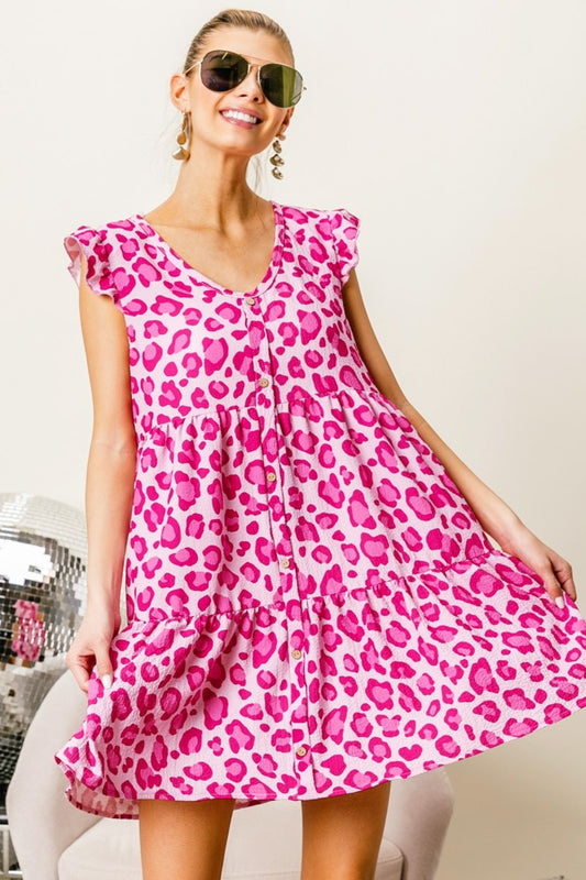 The Leopard Cap Sleeve Tiered Mini Dress