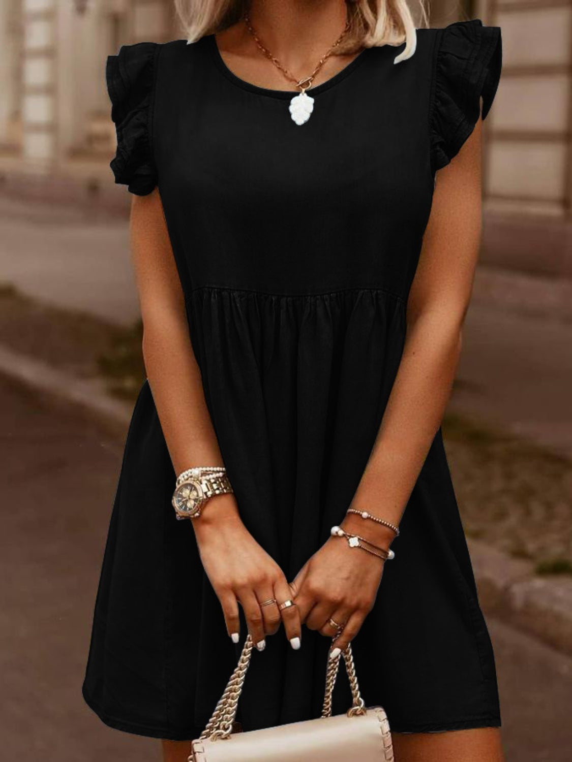 The Ruffled Round Neck Cap Sleeve Denim Dress