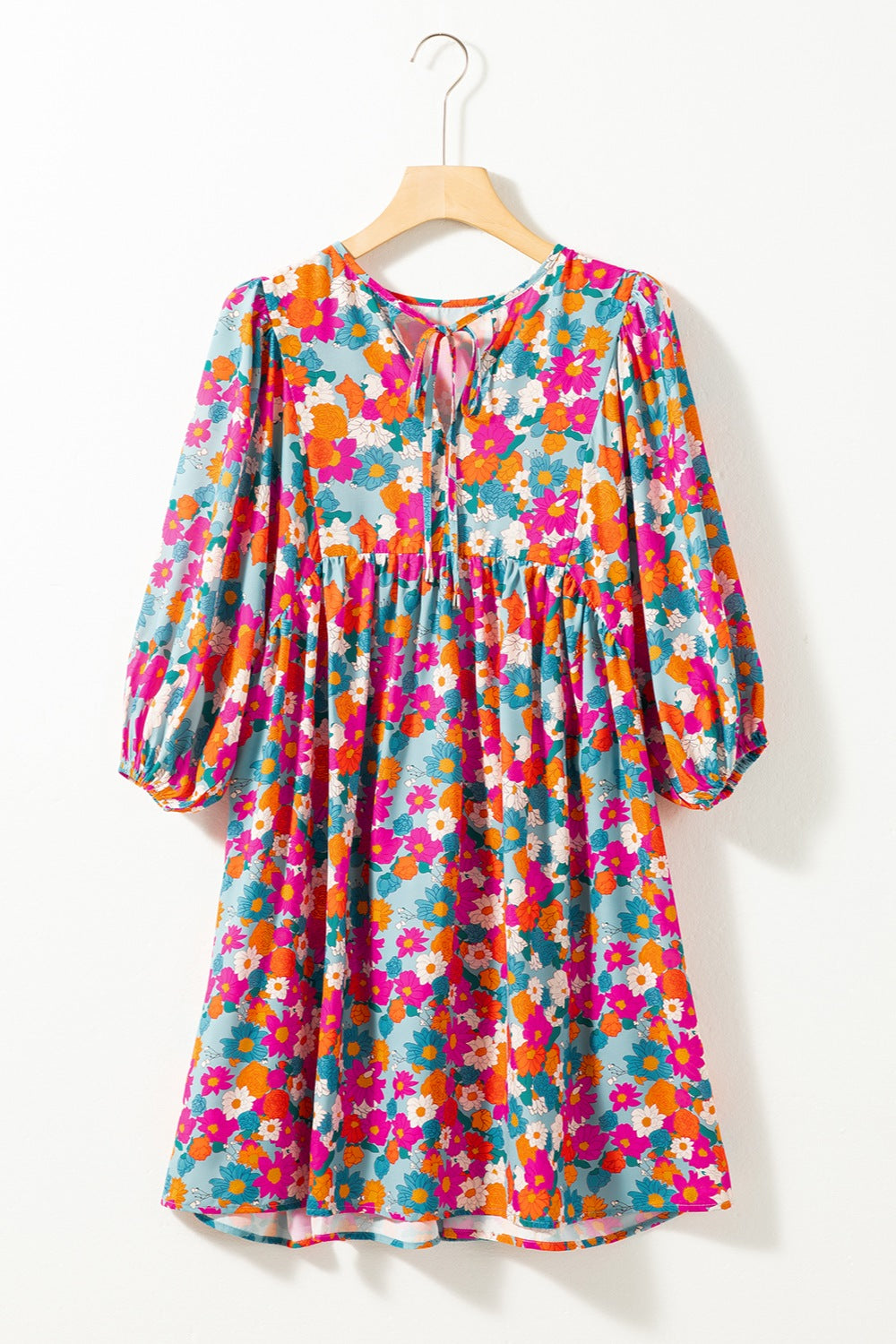 The Floral Tie Neck Puff Sleeve Mini Dress