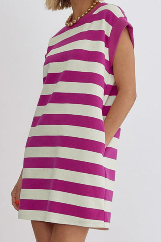 The Magenta Striped Round Neck Cap Sleeve Dress