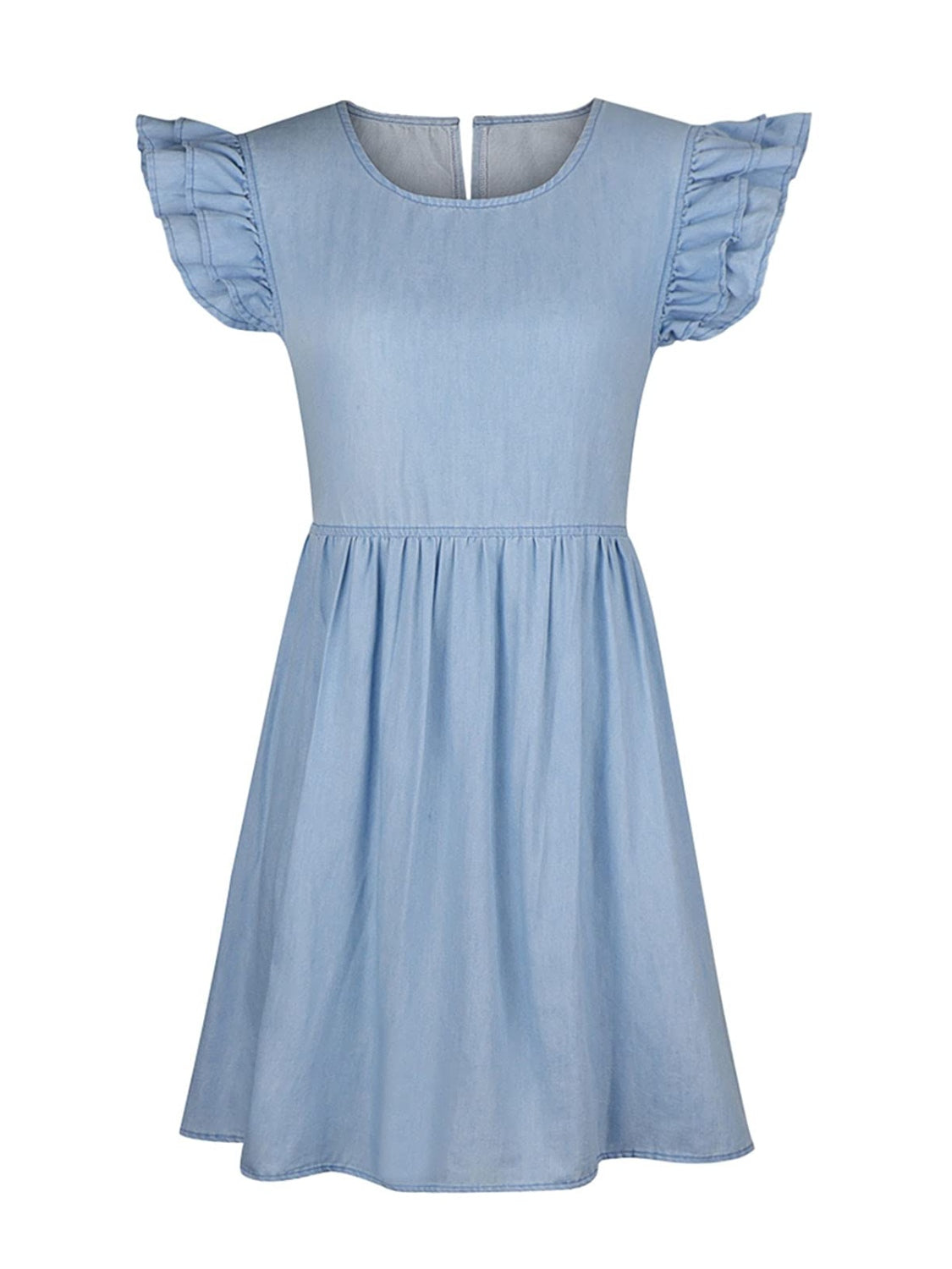 The Ruffled Round Neck Cap Sleeve Denim Dress