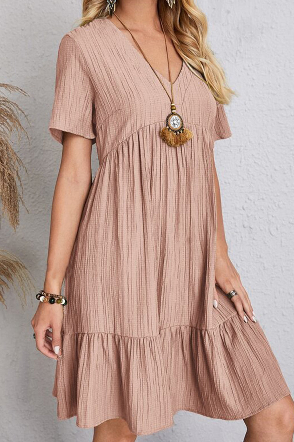 The Ruched V-Neck Short Sleeve Dress