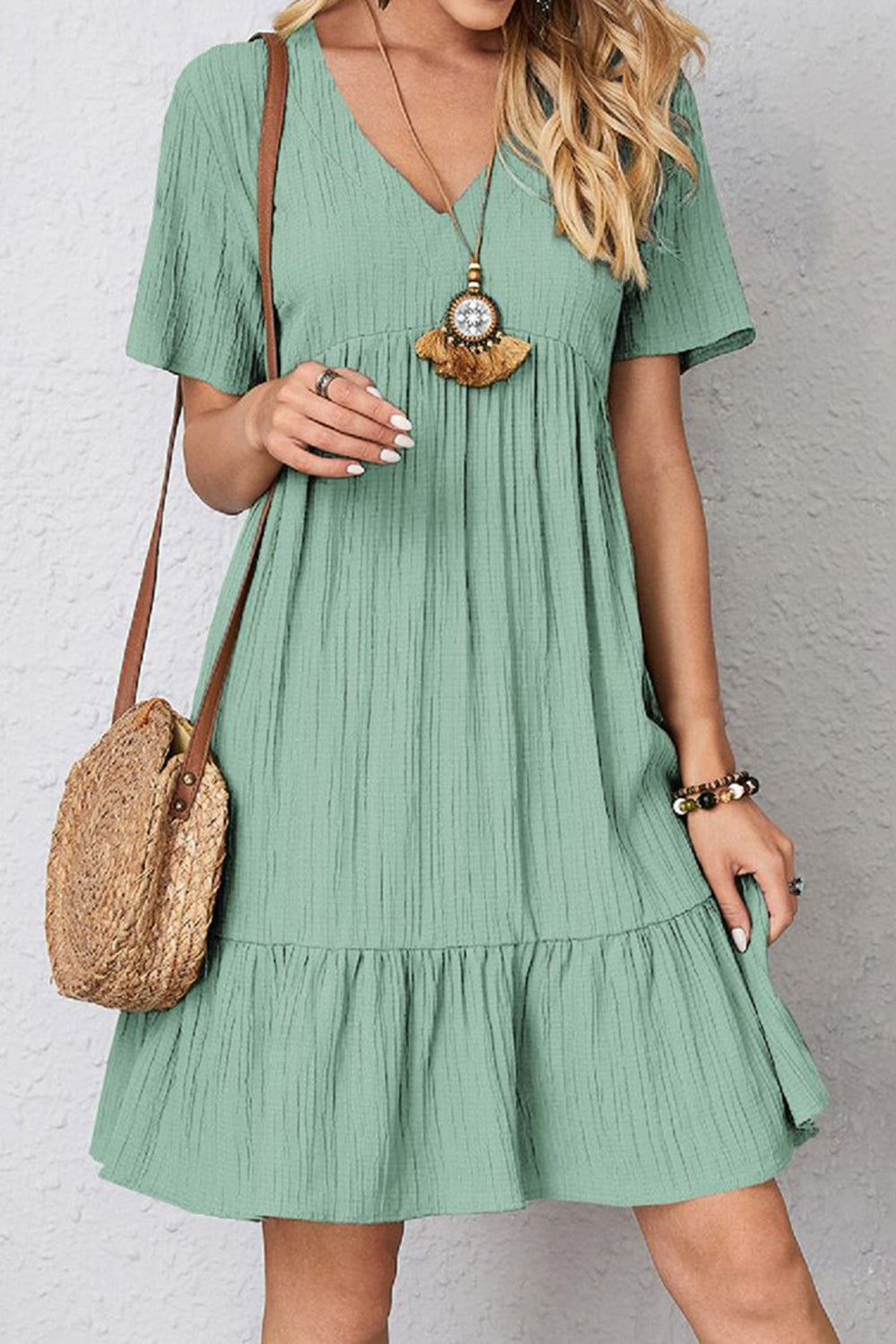 The Ruched V-Neck Short Sleeve Dress