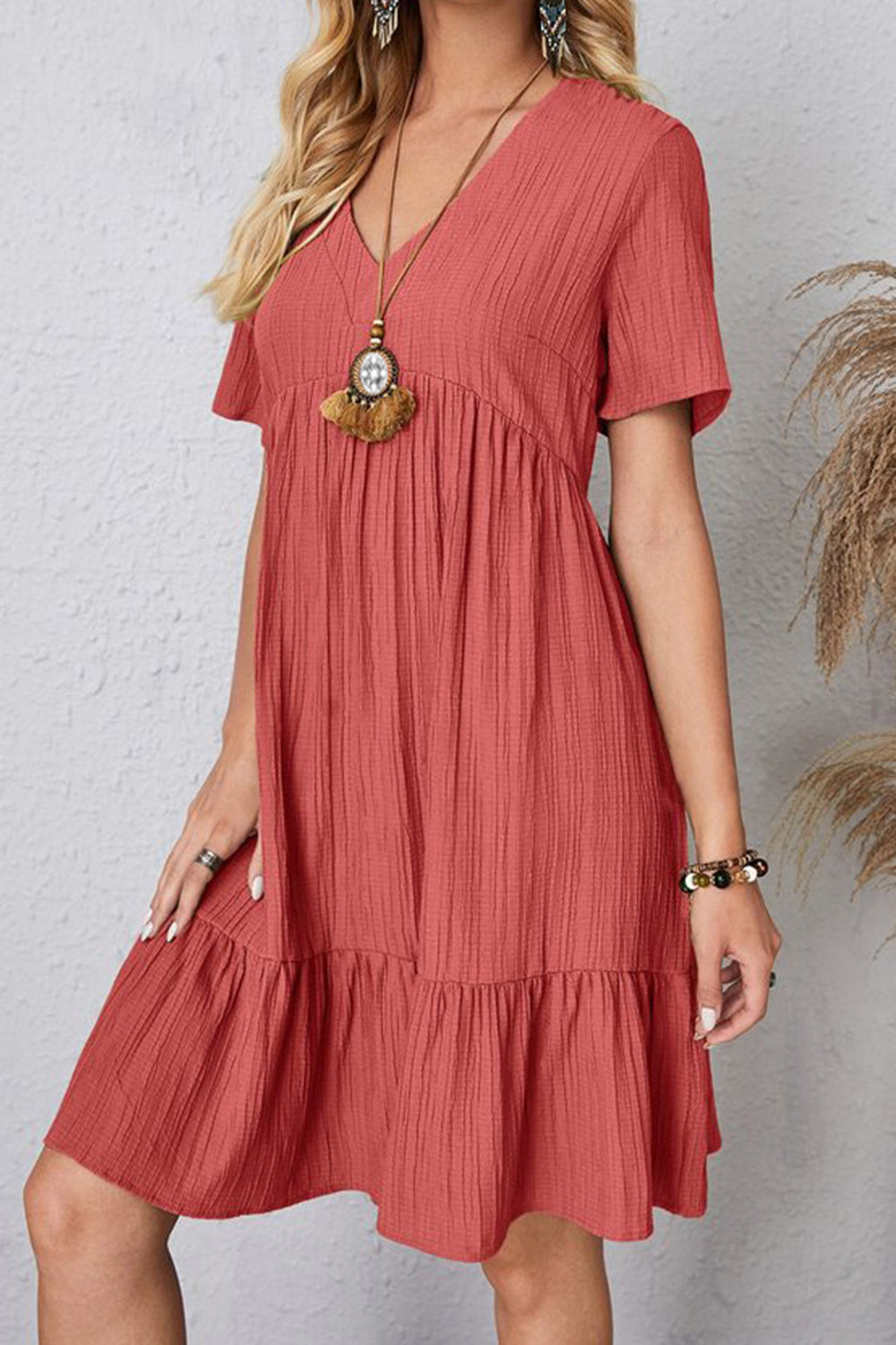 The Ruched V-Neck Short Sleeve Dress