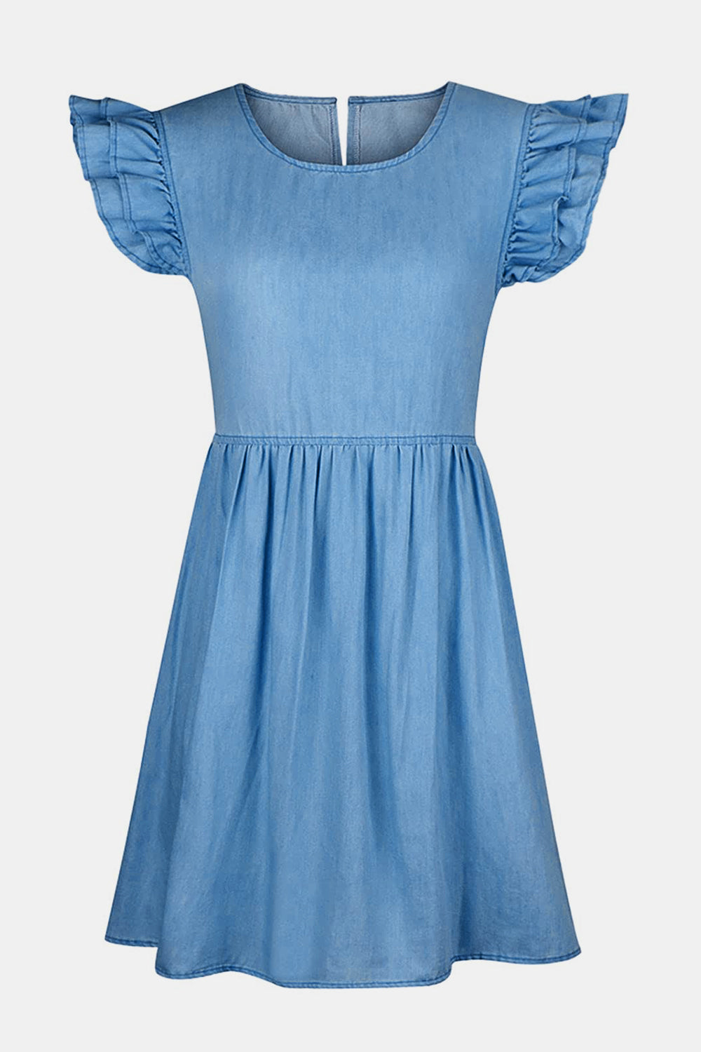 The Ruffled Round Neck Cap Sleeve Denim Dress