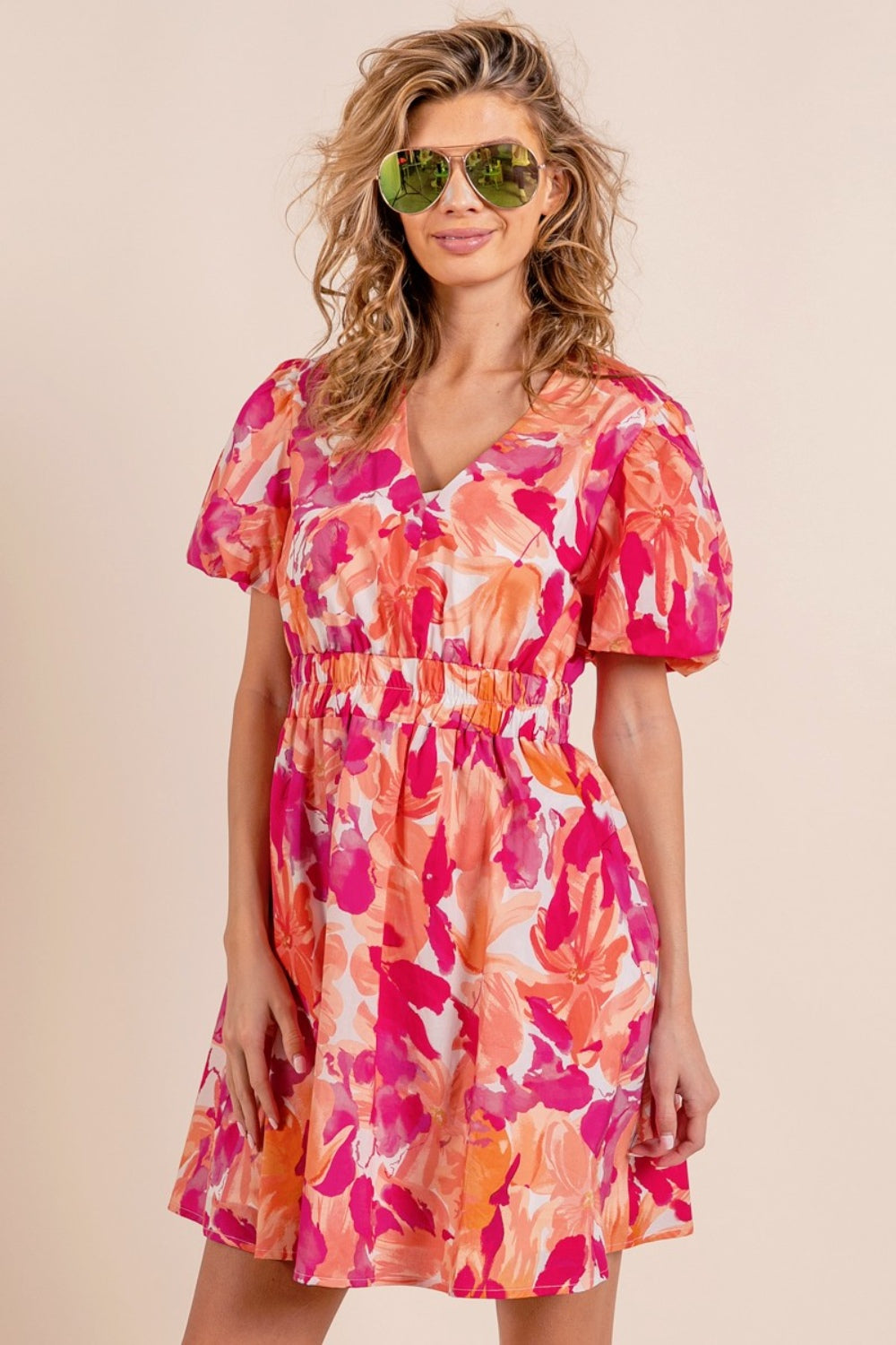 The Orange/Fuschia Puff Sleeve Mini Dress