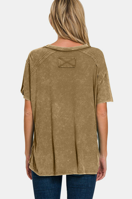 The Mocha Washed Ribbed Short Sleeve Top