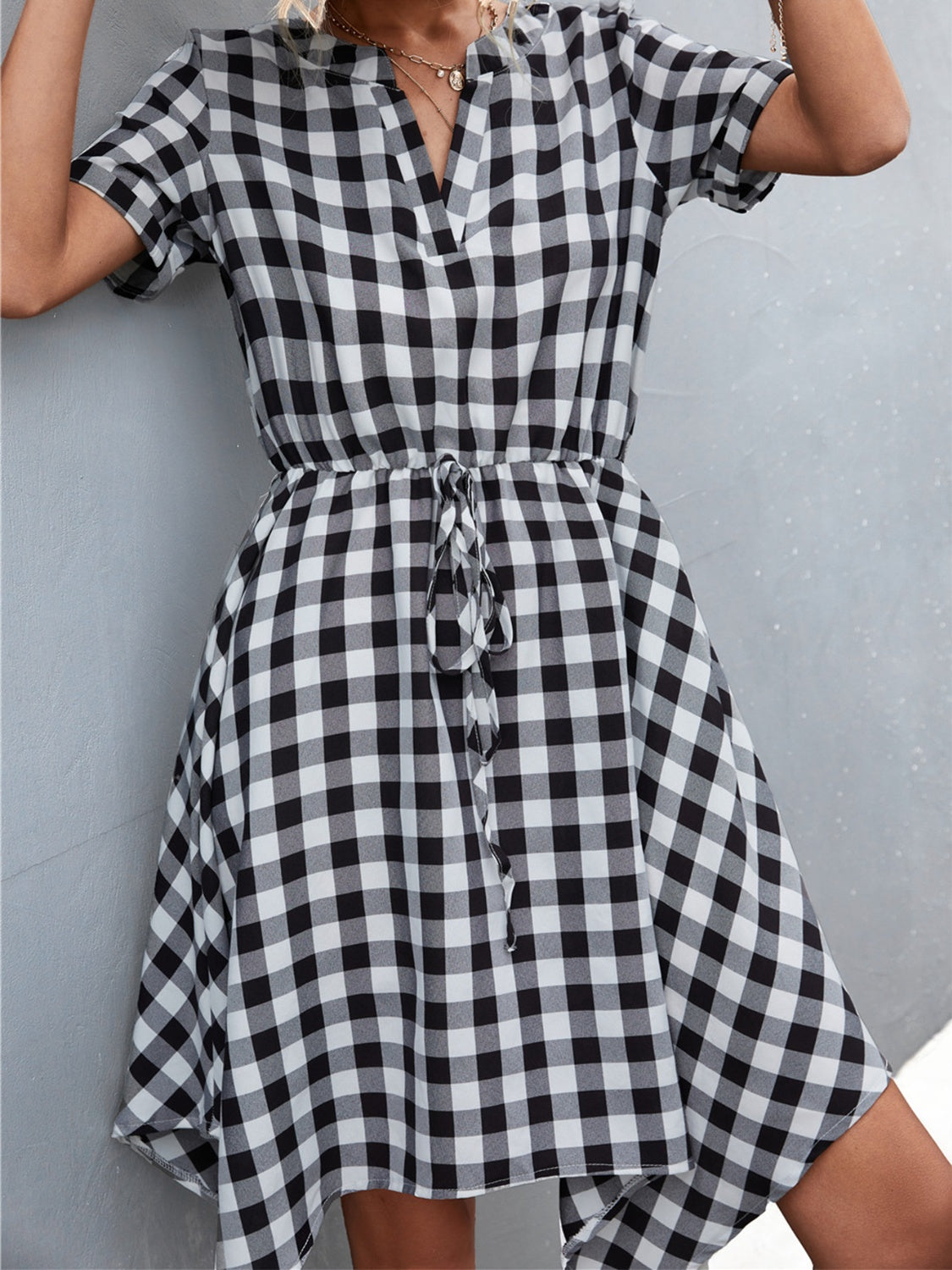 The Plaid Notched Short Sleeve Dress