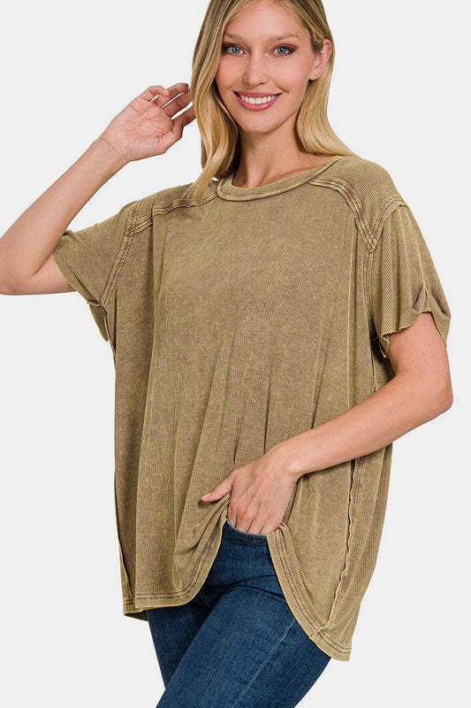 The Mocha Washed Ribbed Short Sleeve Top