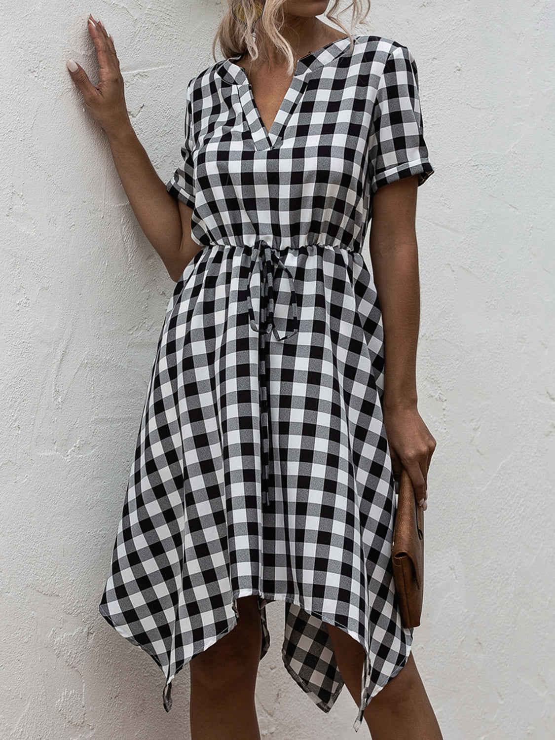 The Plaid Notched Short Sleeve Dress