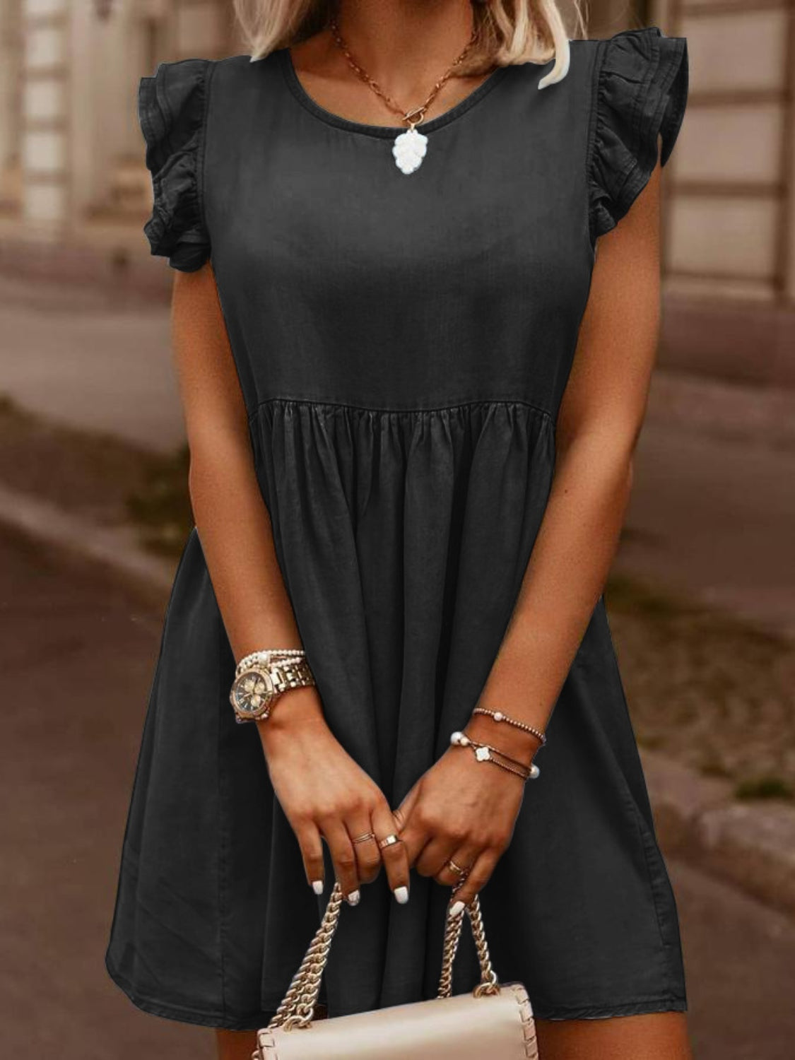 The Ruffled Round Neck Cap Sleeve Denim Dress